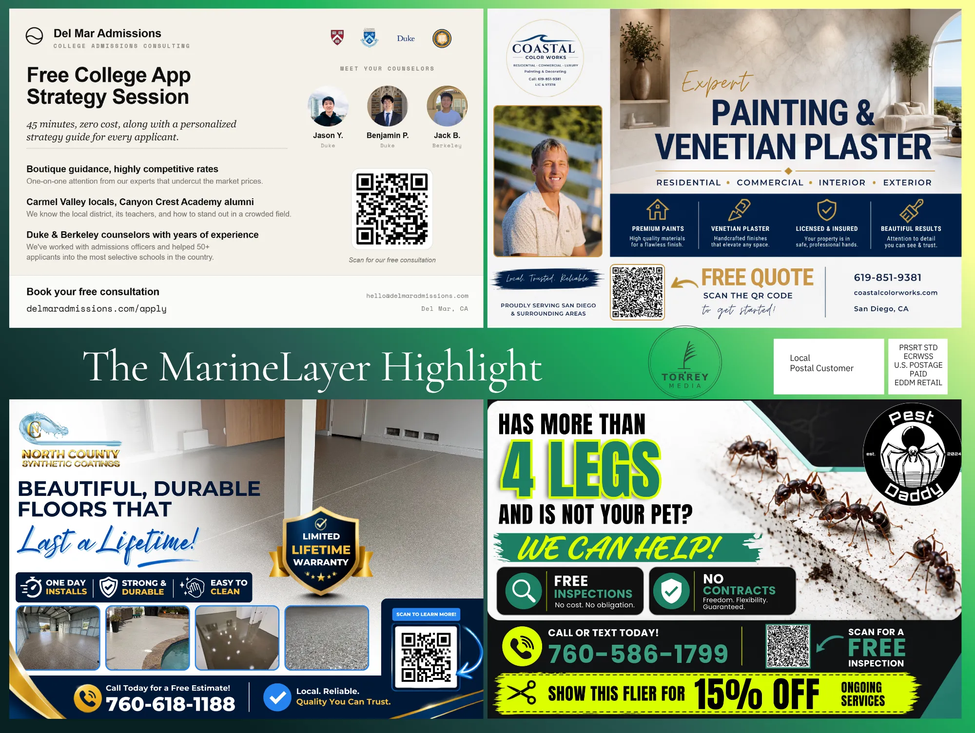 The MarineLayer Highlight, side one — four Double ad spots for college admissions consulting, painting, floor coatings and pest control.