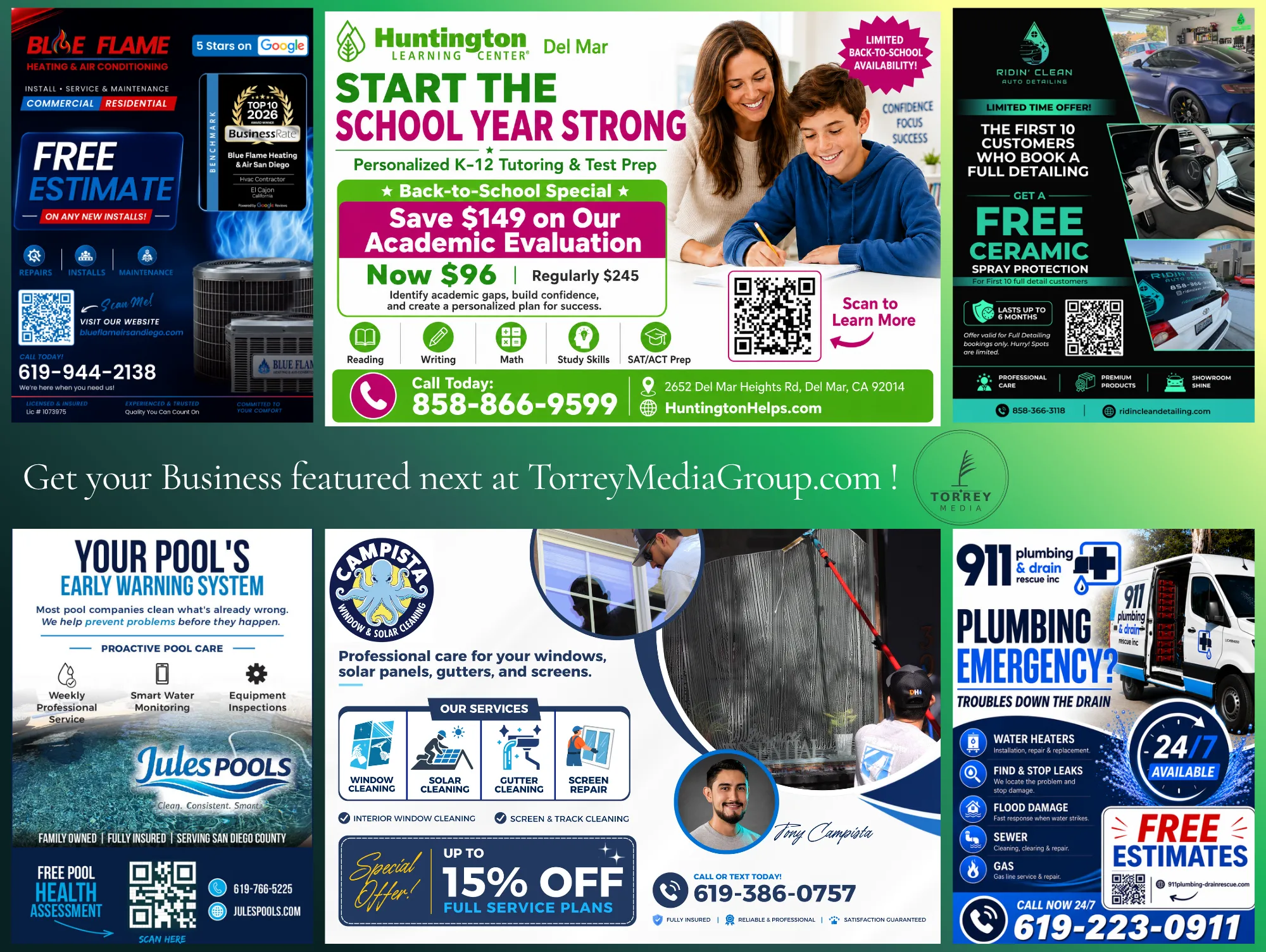 The MarineLayer Highlight, side two — HVAC, tutoring, auto detailing, pool service, window cleaning and plumbing ads.
